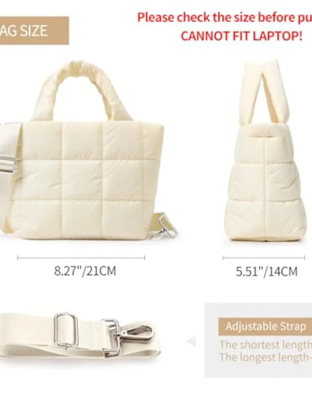 Quilted Tote Bag Lightweight Nylon Puffer Crossbody Handbag with Adjustable